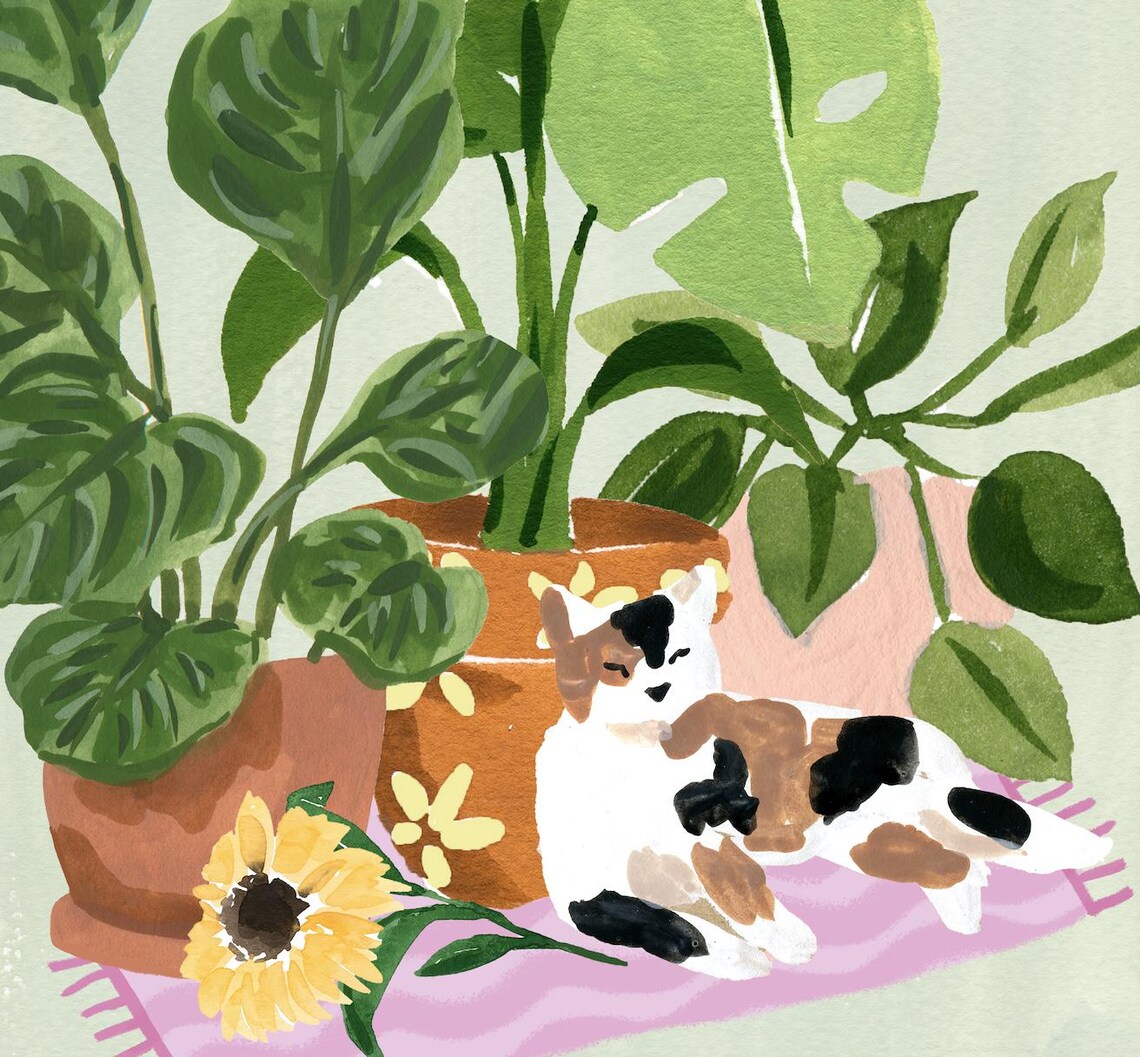 Calico Cat With Plants And Flowers Art Print - Image 2