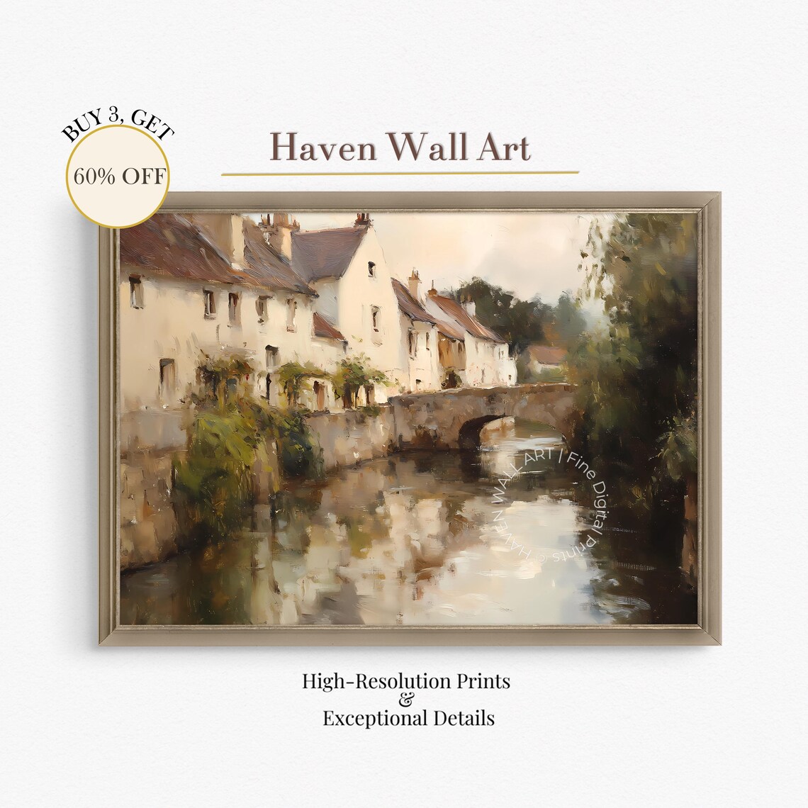 Rustic Autumn Village River Stone Bridge Old Houses Warm Poster
