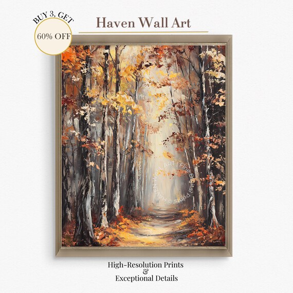 Autumn Birch Forest Path Painting Sunlit Woodland Fall Scene Poster