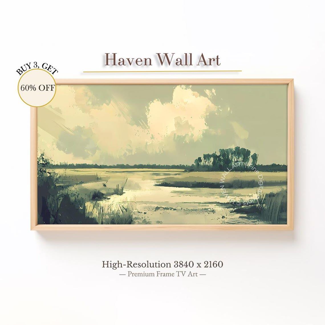 Dramatic Cloudy Sky Wetland Marsh Watercolor Landscape Poster