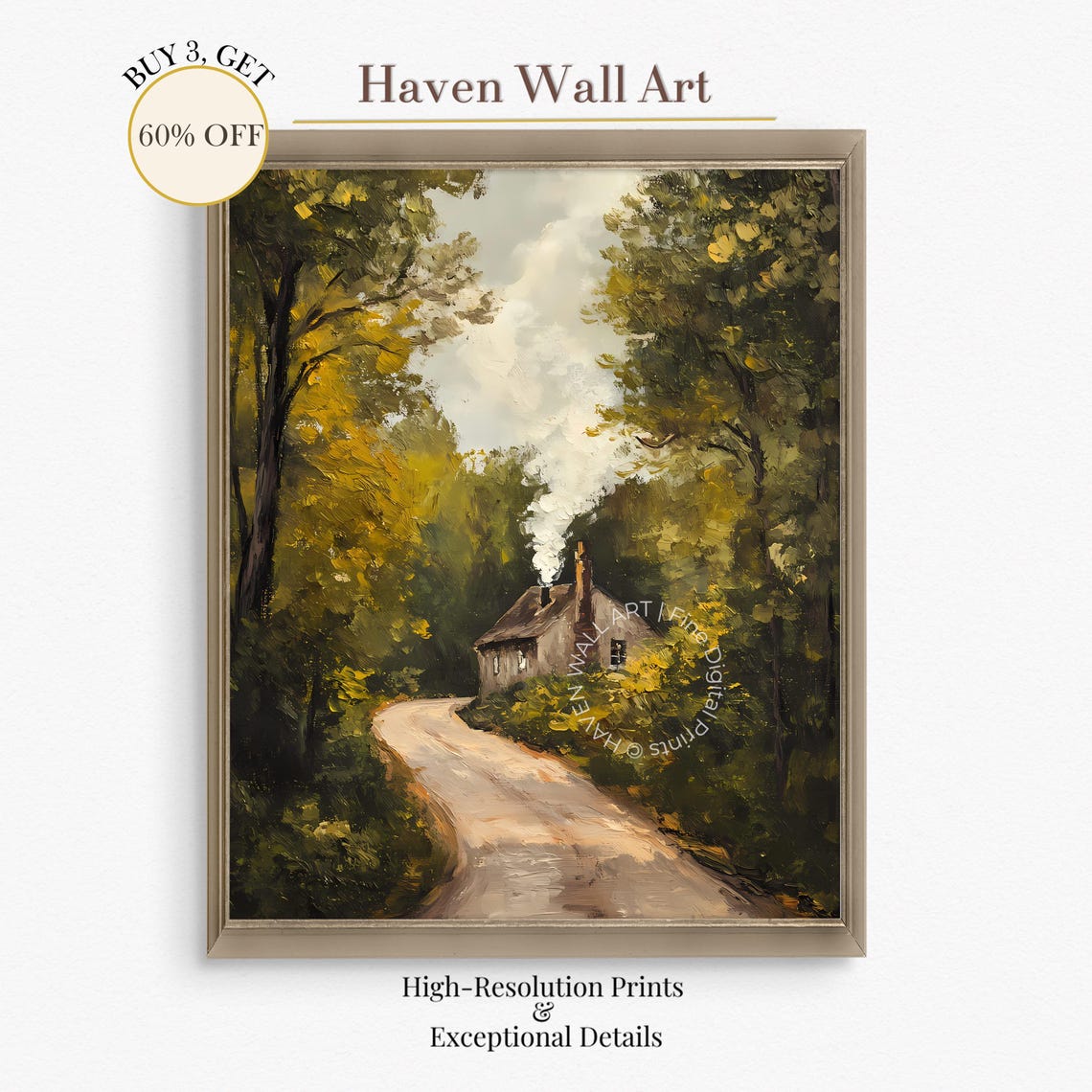 Autumn Country Cottage Print With Smoking Chimney And Woodland Path