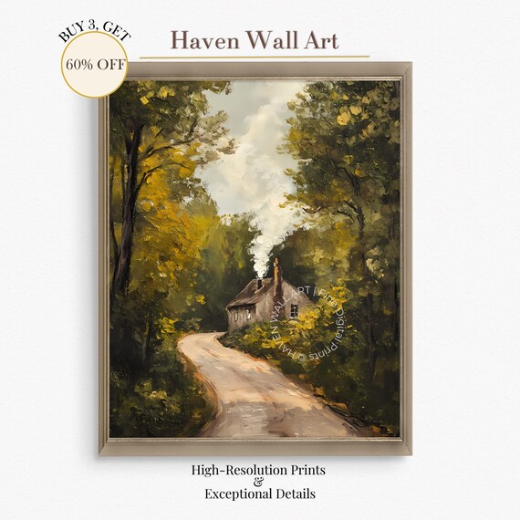Autumn Country Cottage Print With Smoking Chimney And Woodland Path