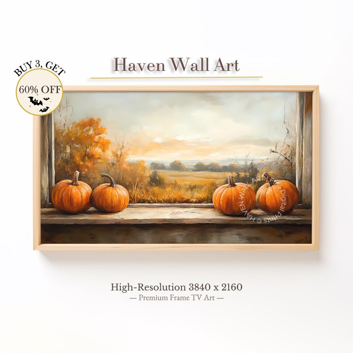 Harvest Pumpkins on Rustic Windowsill Autumn Field Sunset Vintage Wall Art
