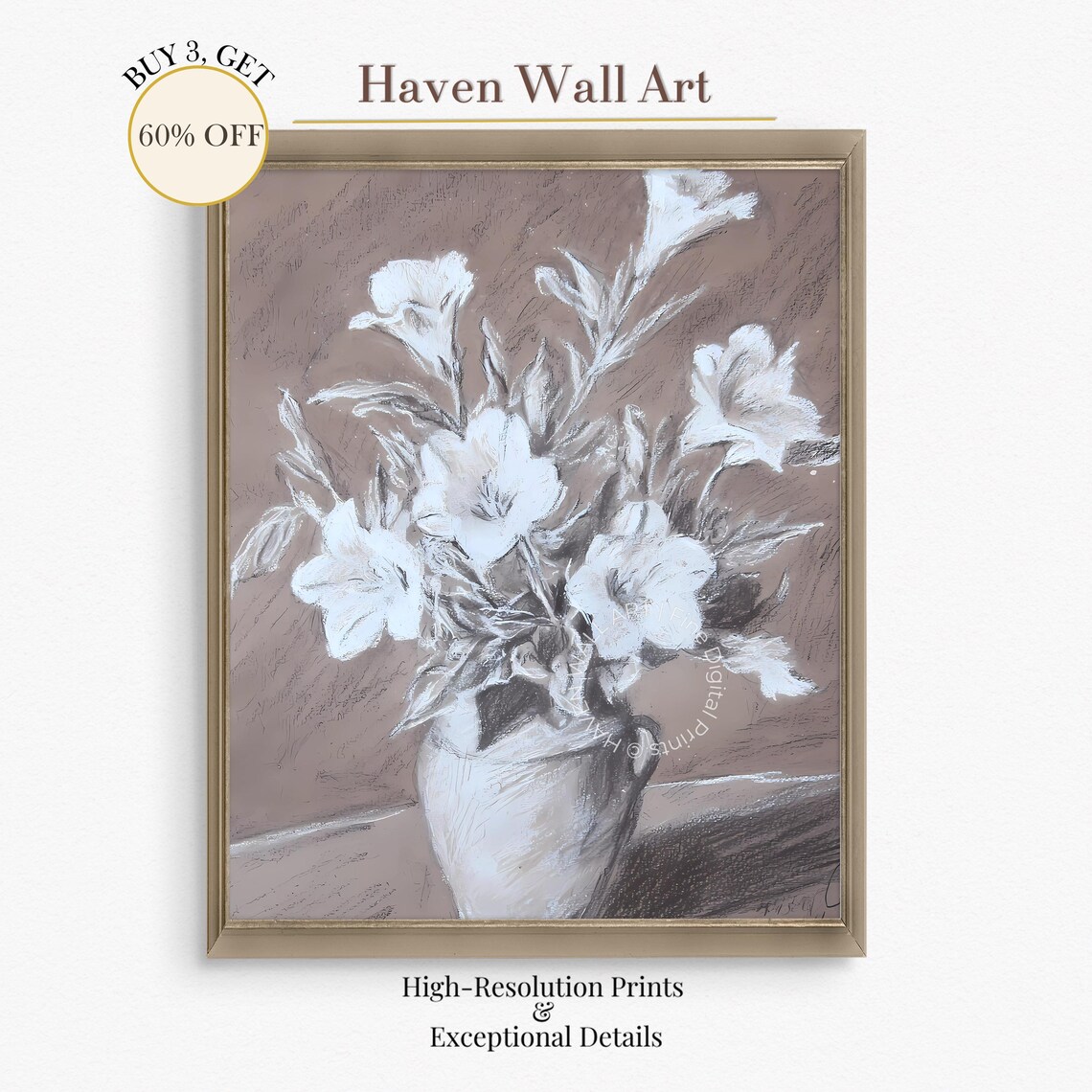 White Lilies in White Vase Charcoal Sketch Floral Still Life Print