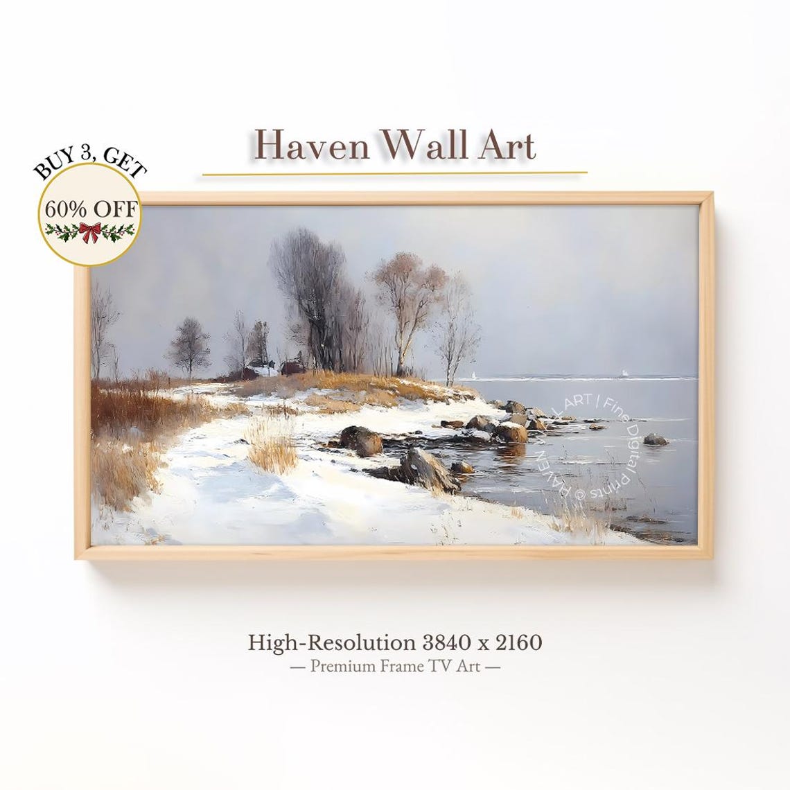 Snowy Lakeside Winter Bare Trees Rocky Shore Serene Art Poster