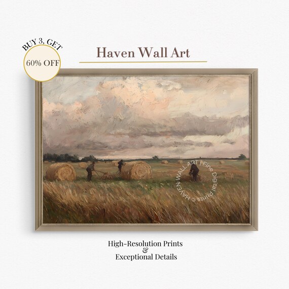 Harvest Season Wheat Field Hay Bales Farm Workers Dramatic Sky Wall Art
