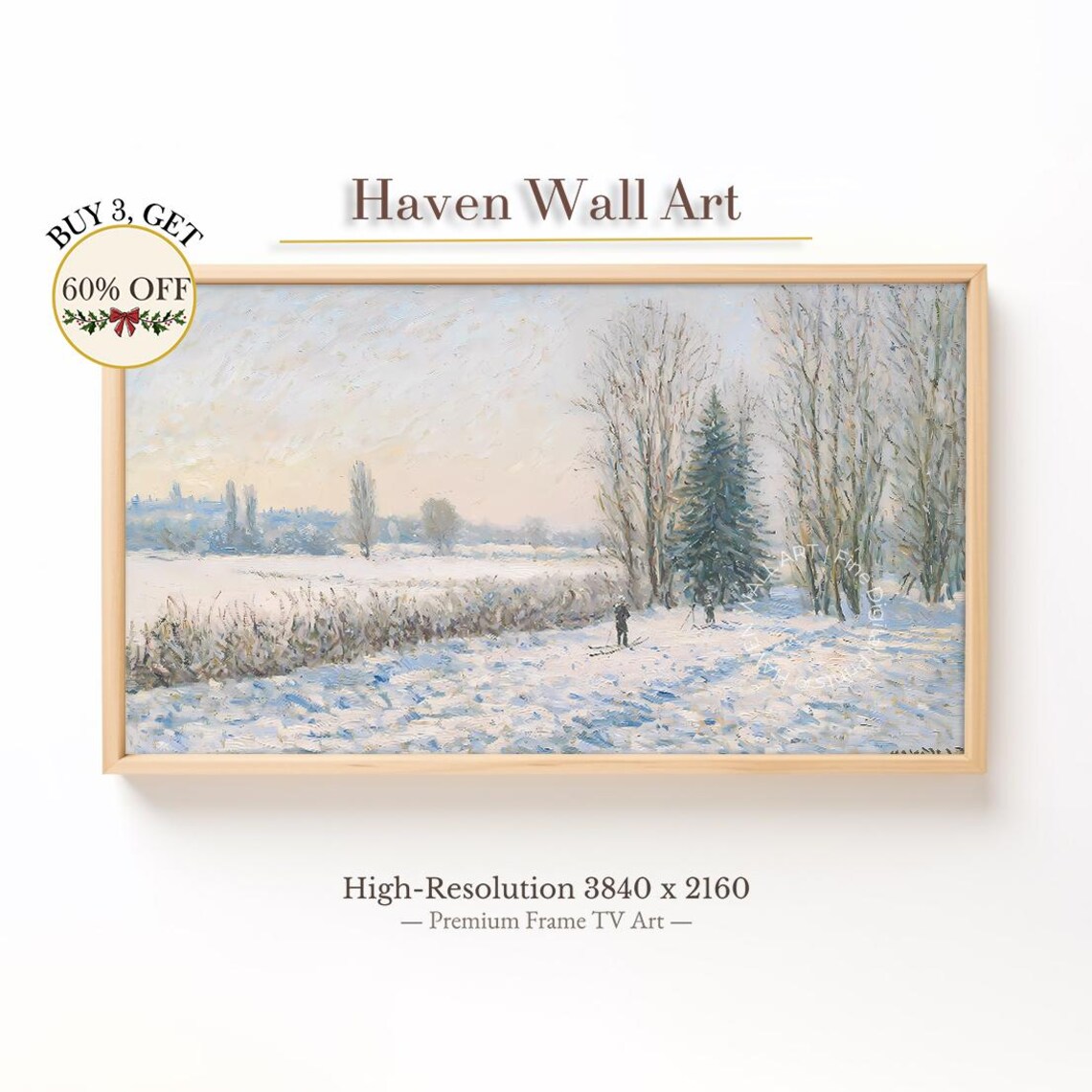 Lone Skier Snowy Field Trees Impressionist Winter Painting Poster