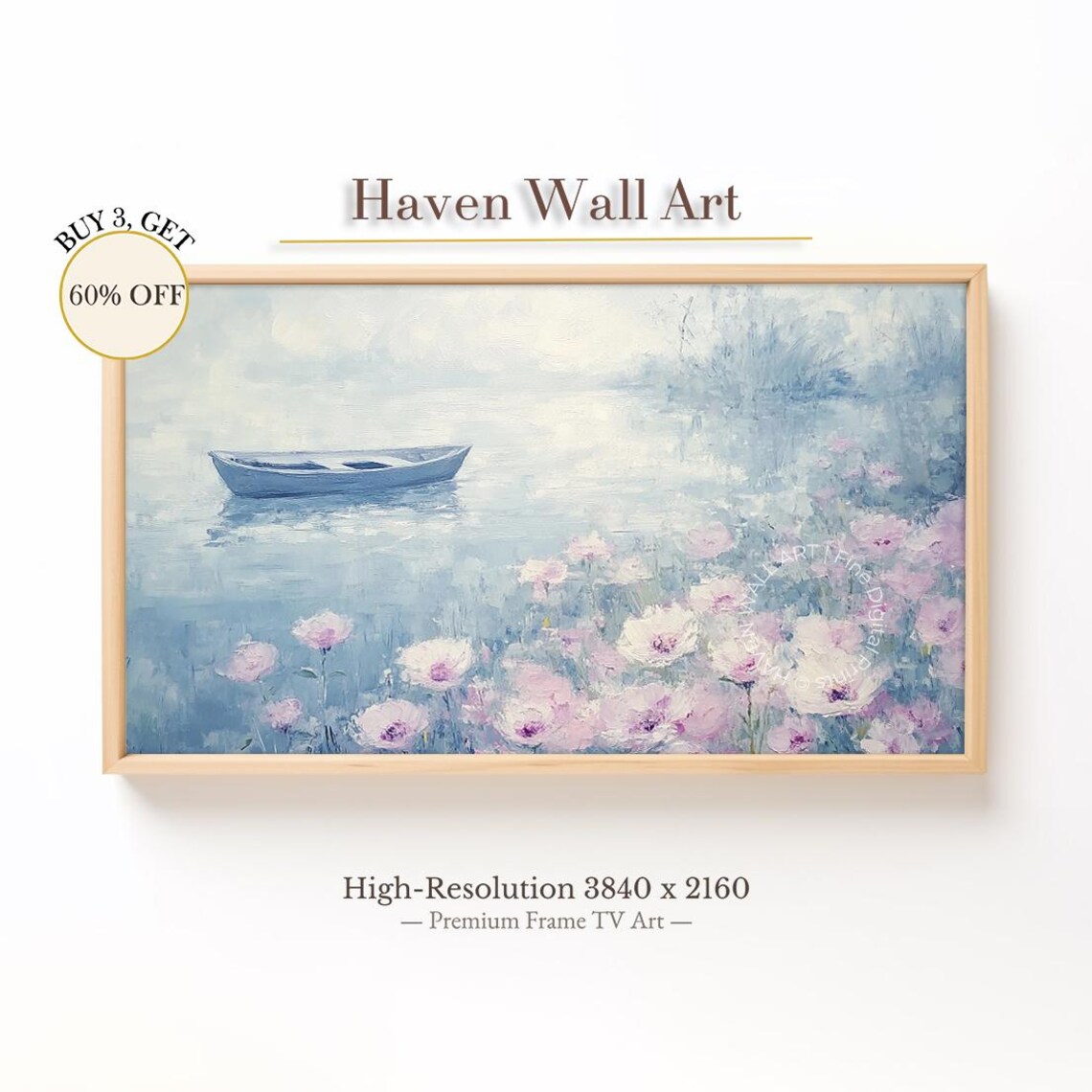 Blue Rowboat on Misty Lake with Pink Wildflowers Pastel Poster