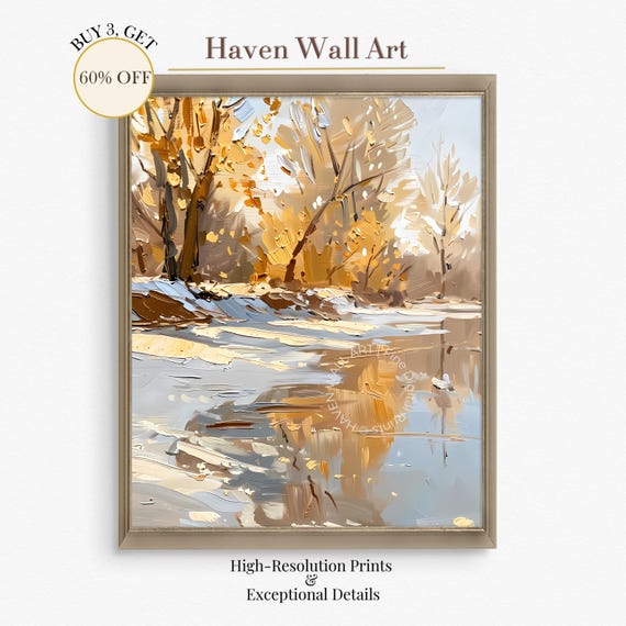 Golden Trees First Frost Landscape Fall To Winter Transition Art Serene River Scene Rustic Wall Decor Pal144