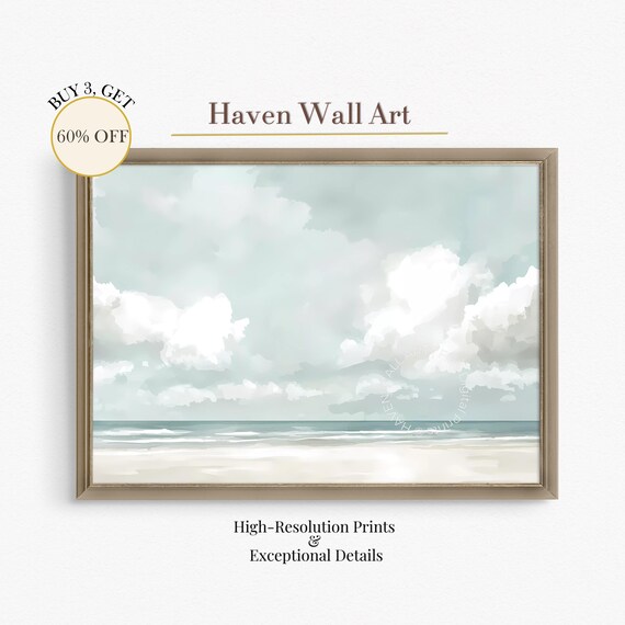 Minimalist Cloudy Beach Soft Watercolor Calm Seaside Wall Poster