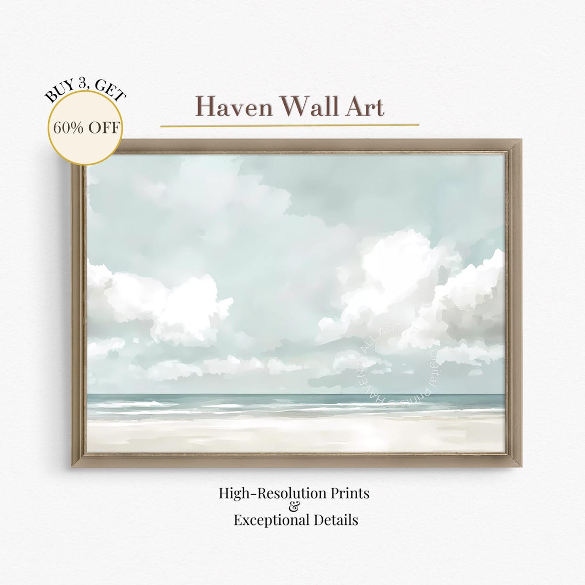 Minimalist Cloudy Beach Soft Watercolor Calm Seaside Wall Poster