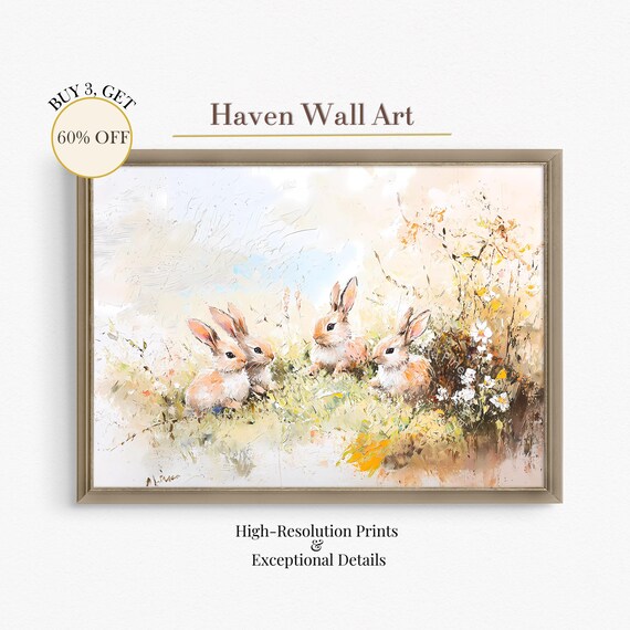 Four Baby Bunnies Spring Meadow Cute Rabbits Painterly Nursery Poster
