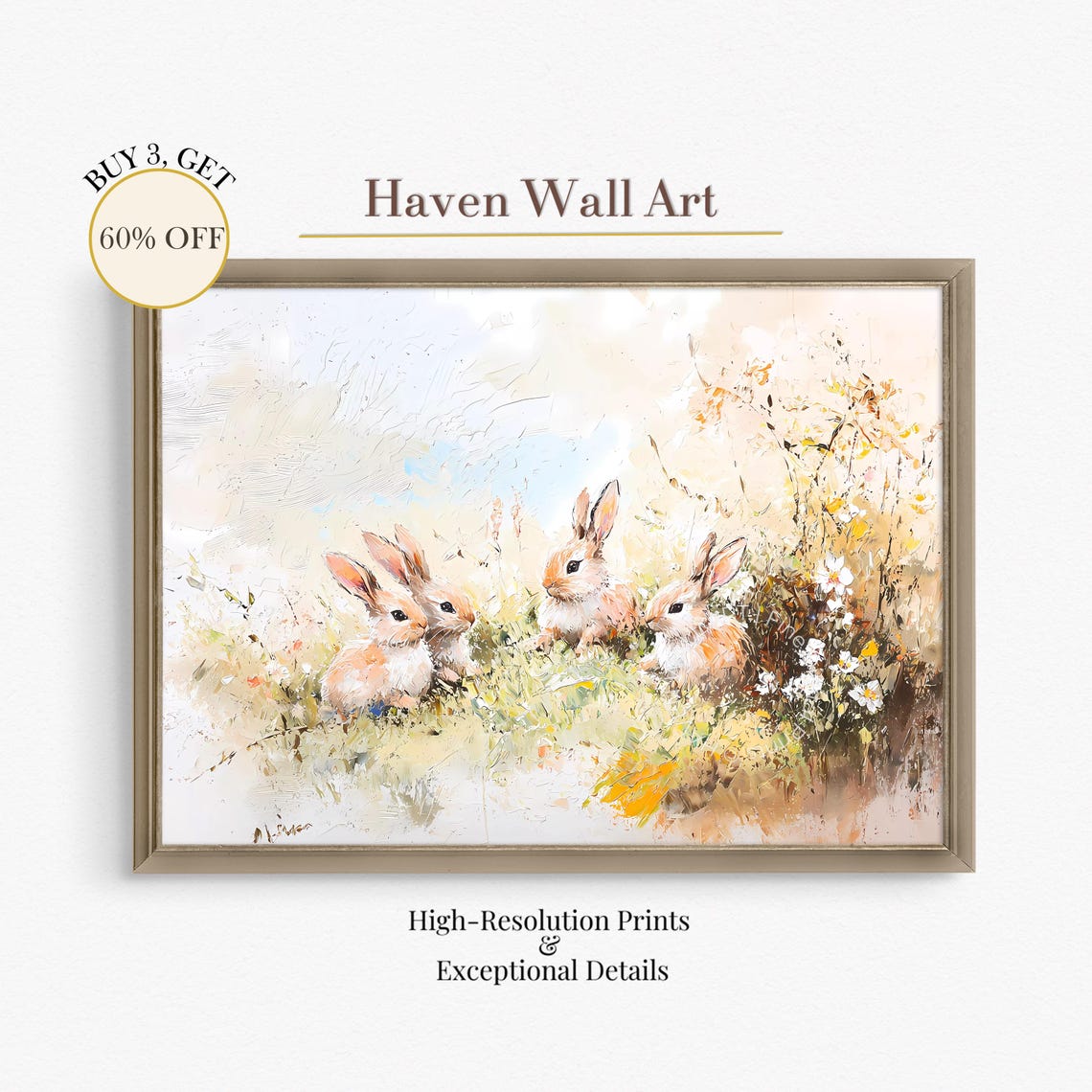 Four Baby Bunnies Spring Meadow Cute Rabbits Painterly Nursery Poster