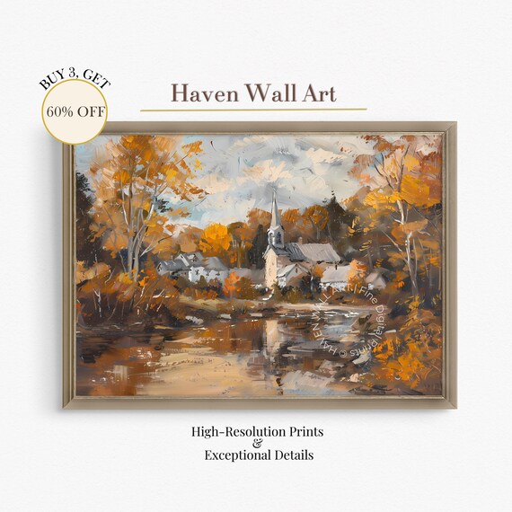 Tranquil Autumn Village Church by Water New England Reflection Wall Art