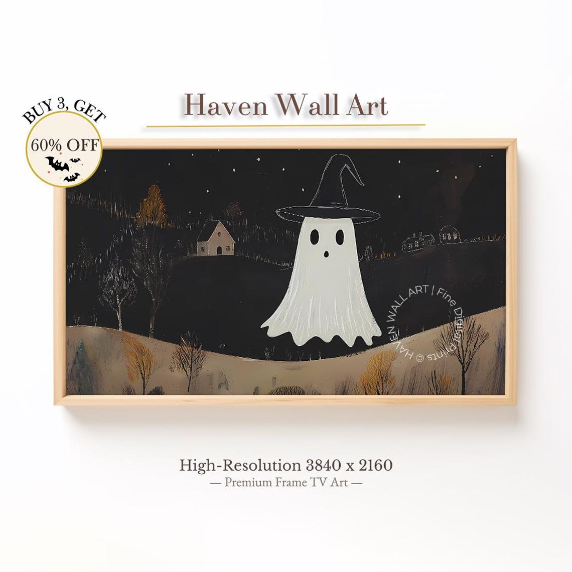 Cute Ghost in Witch Hat Over Dark Village Halloween Night Wall Art