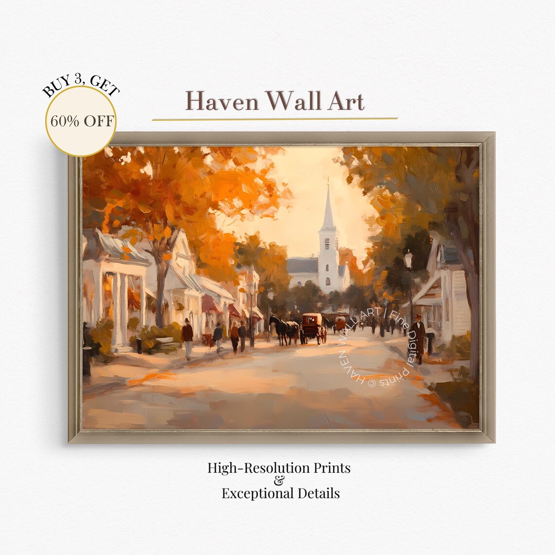 Vintage Thanksgiving Village Street Autumn Church Carriage Wall Art