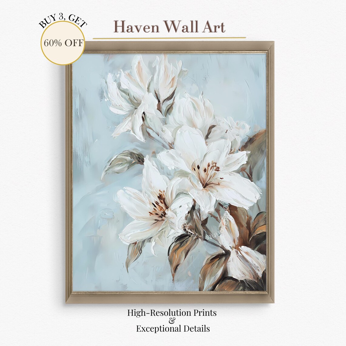Elegant White Lily Flowers Impasto Oil Painting on Pale Blue Poster