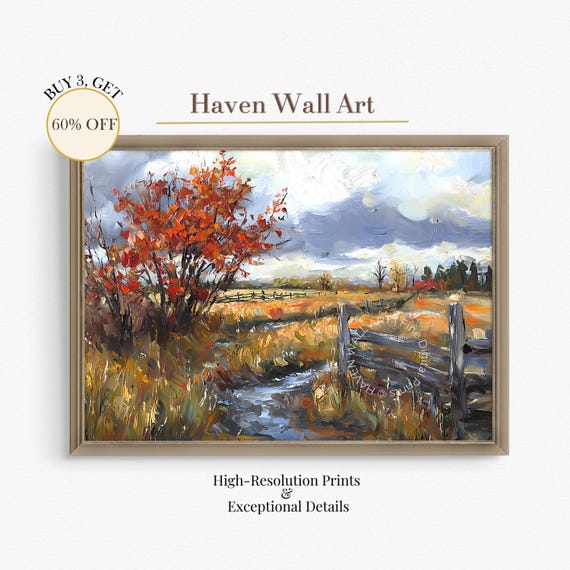 Bold Autumn Field Landscape Art Thick Brush Rustic Fall Painting Dramatic Country Wall Decor Pal134