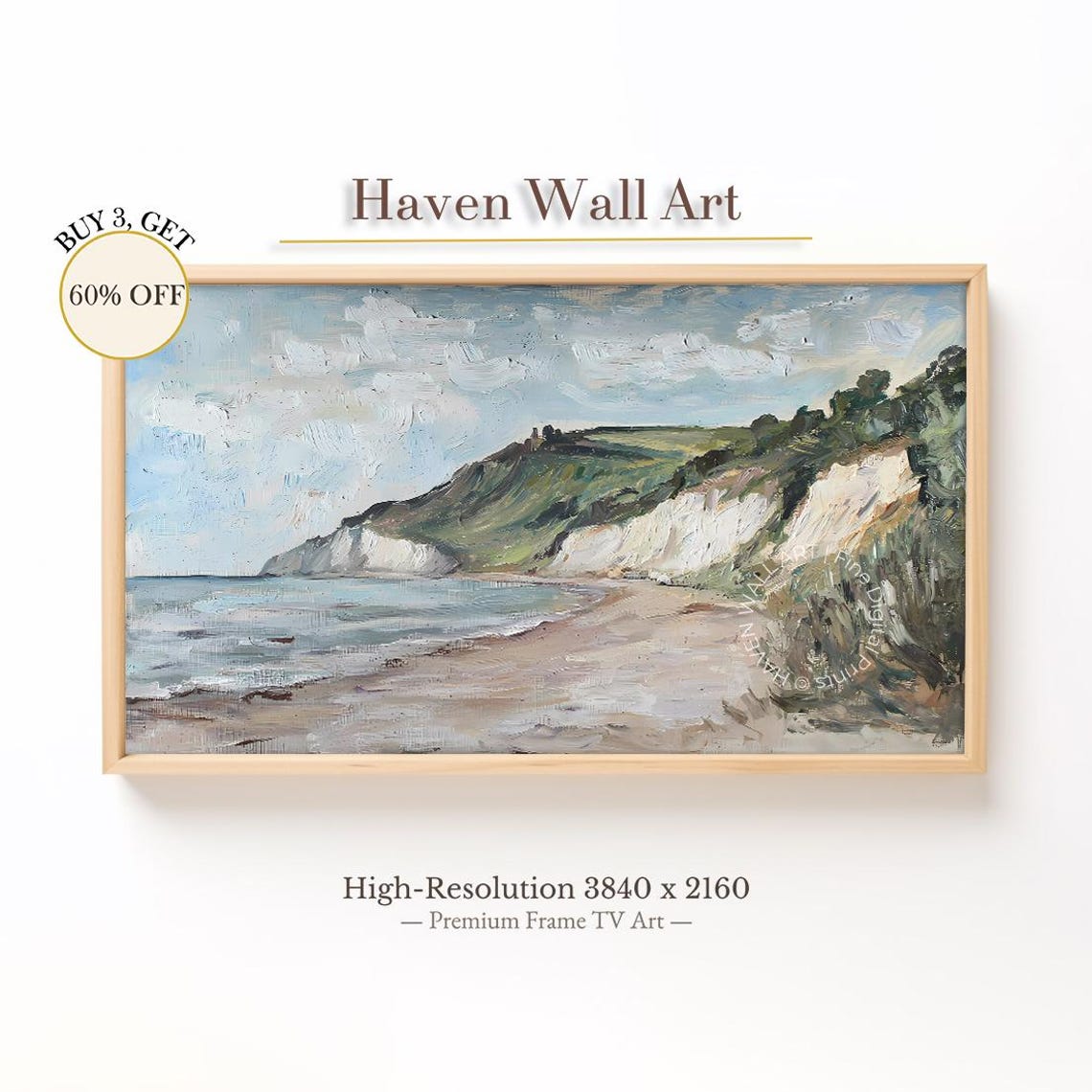 White Cliffs and Green Slopes by the Bay Vintage Coastal Oil Print