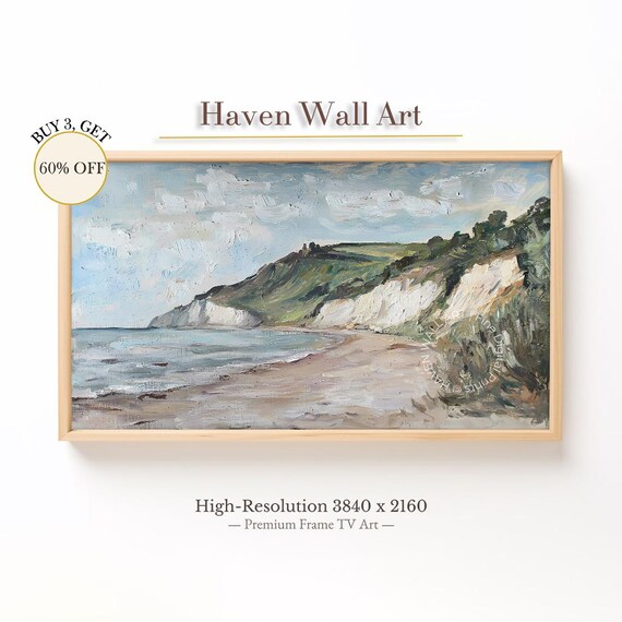 White Cliffs and Green Slopes by the Bay Vintage Coastal Oil Print
