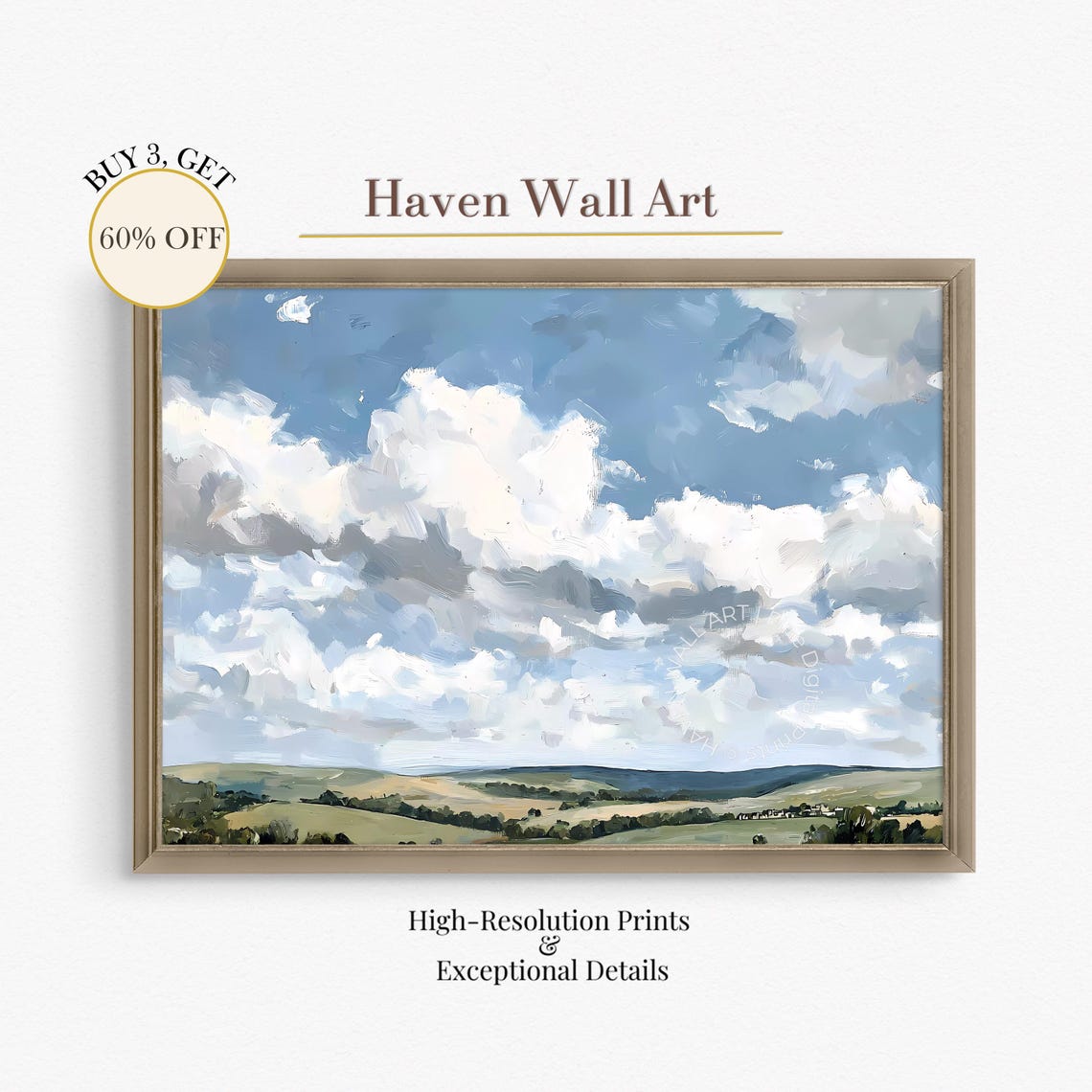 Rolling Cumulus Clouds Blue Sky over Green Hills Landscape Poster