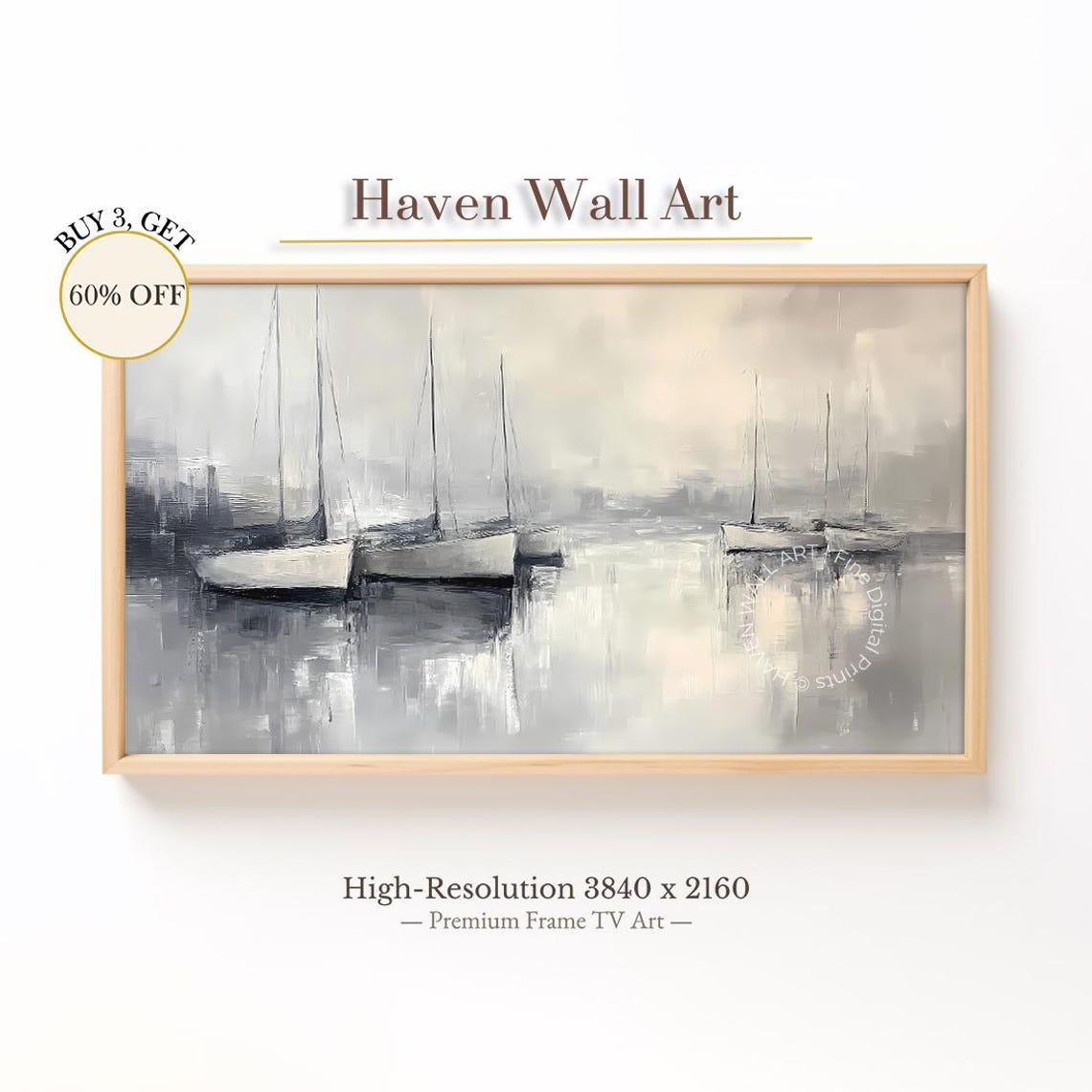 Sailboats Anchored in Misty Grey Blue Harbor Coastal Painting Poster