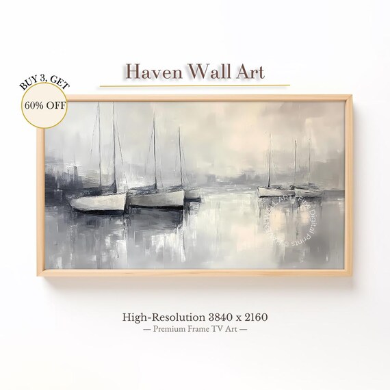 Sailboats Anchored in Misty Grey Blue Harbor Coastal Painting Poster