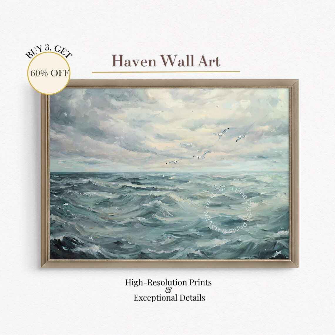 Stormy Ocean Waves Seagulls Dramatic Choppy Sea Seascape Painting Poster
