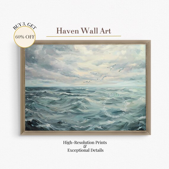 Stormy Ocean Waves Seagulls Dramatic Choppy Sea Seascape Painting Poster