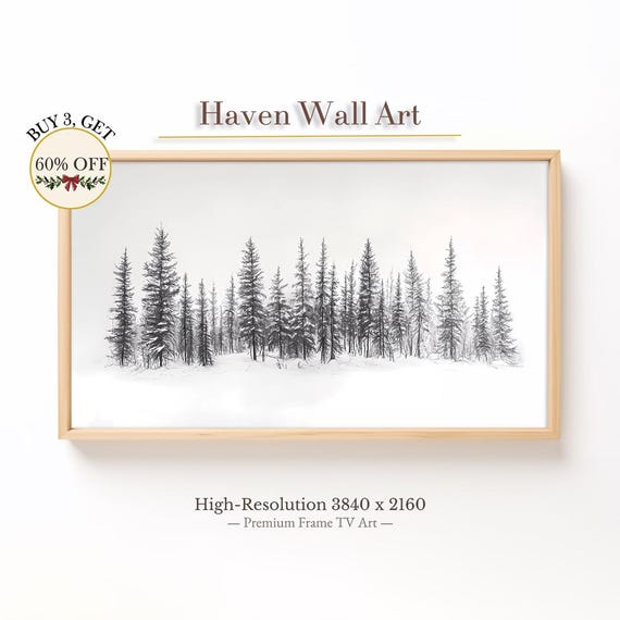 Winter Pine Line Samsung Frame Tv Art Minimalist Snowy Forest Black And White Trees Nordic Decor Twl064