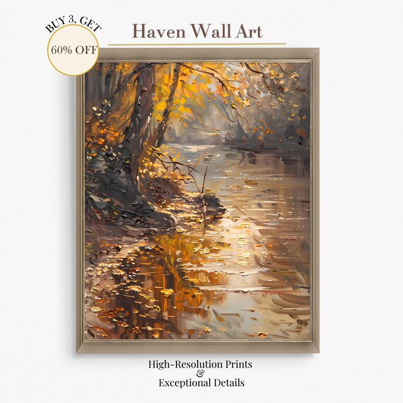 Golden Autumn River Path Falling Leaves Impasto Oil Painting Wall Art
