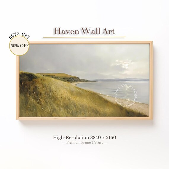 Summer Coastal Bluff Golden Grassy Cliff Calm Sea Landscape Poster