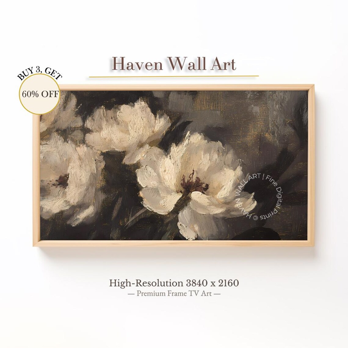Dark Moody White Peony Blossoms Vintage Black Oil Painting Wall Art