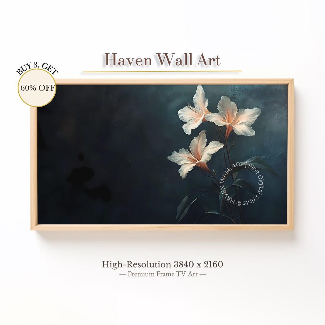 White Lilies on Deep Blue Moody Floral Oil Painting Wall Art