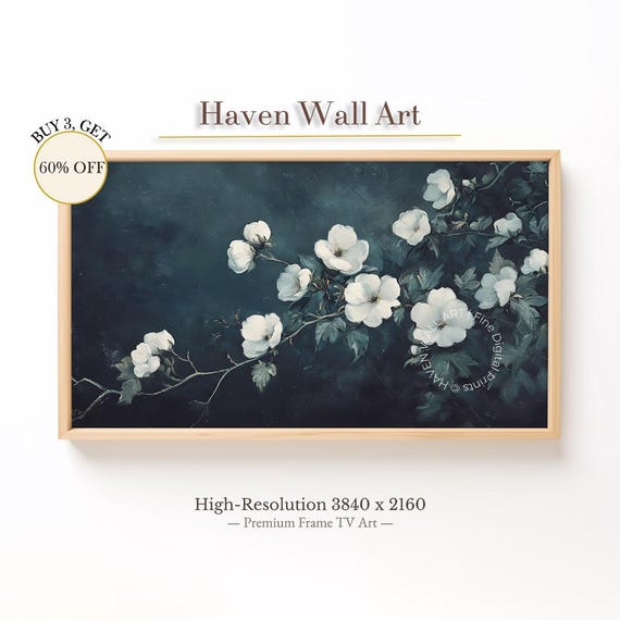 Dark Floral Frame Tv Art Moody Spring Flower Painting Vintage White Blossom Samsung For Tsf098