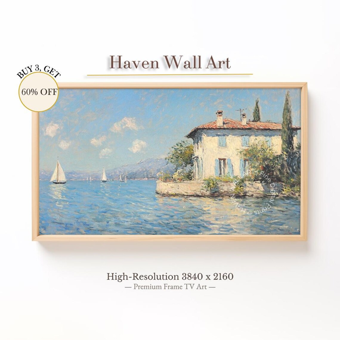 Italian Lake Villa Sailboats Impressionist Summer Villa Art Print