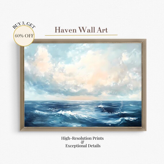 Blue Ocean Waves Cloudy Sky Serene Seascape Oil Painting Poster
