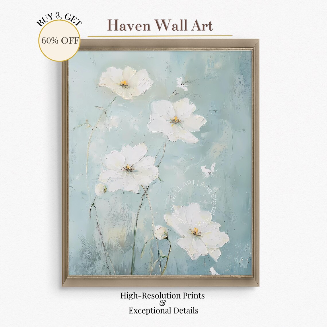 White Wildflower Blooms Pale Blue Minimalist Floral Painting Poster