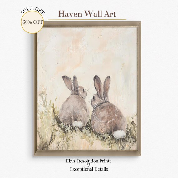 Two Bunnies Back View Soft Cream Rabbit Pair Oil Painting Nursery Poster