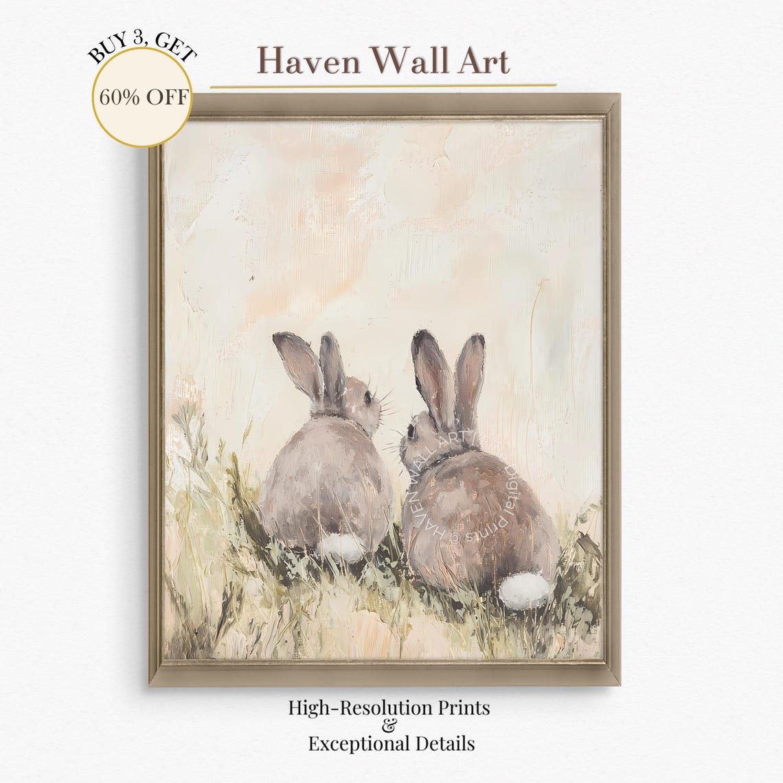 Easter Bunny Pair Cute Spring Rabbits Farmhouse Nursery Wall Art Psa037