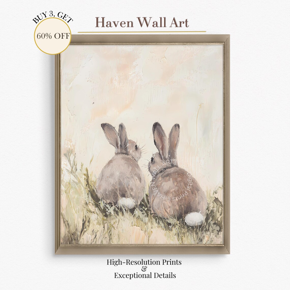 Two Bunnies Back View Soft Cream Rabbit Pair Oil Painting Nursery Poster