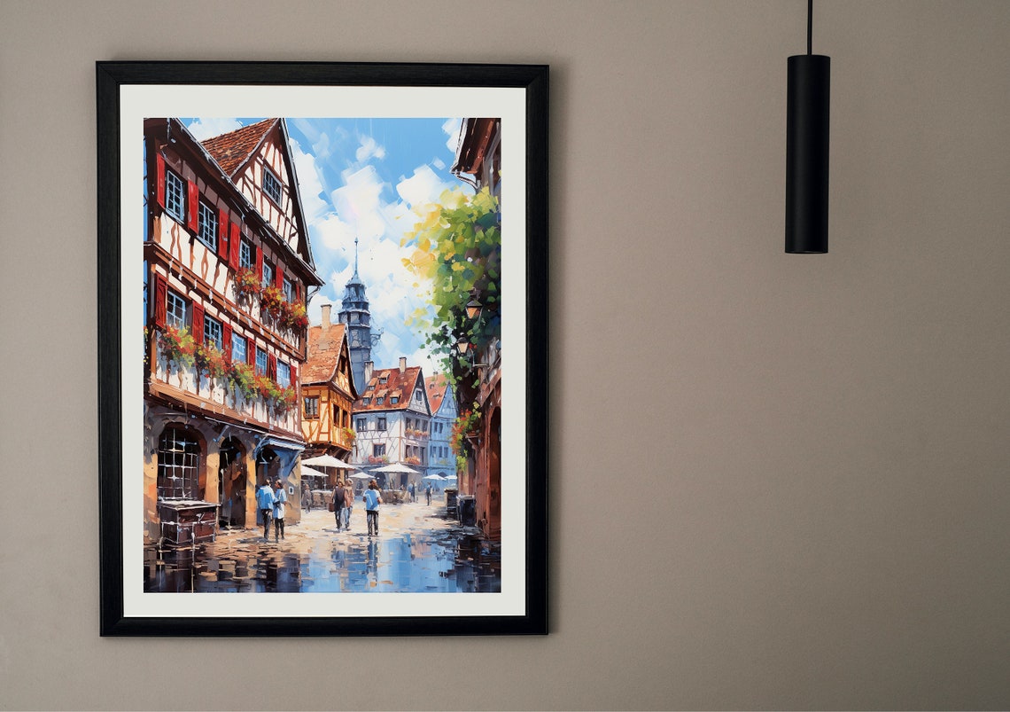Medieval German Old Town Half Timbered Street Sunny Painting Poster