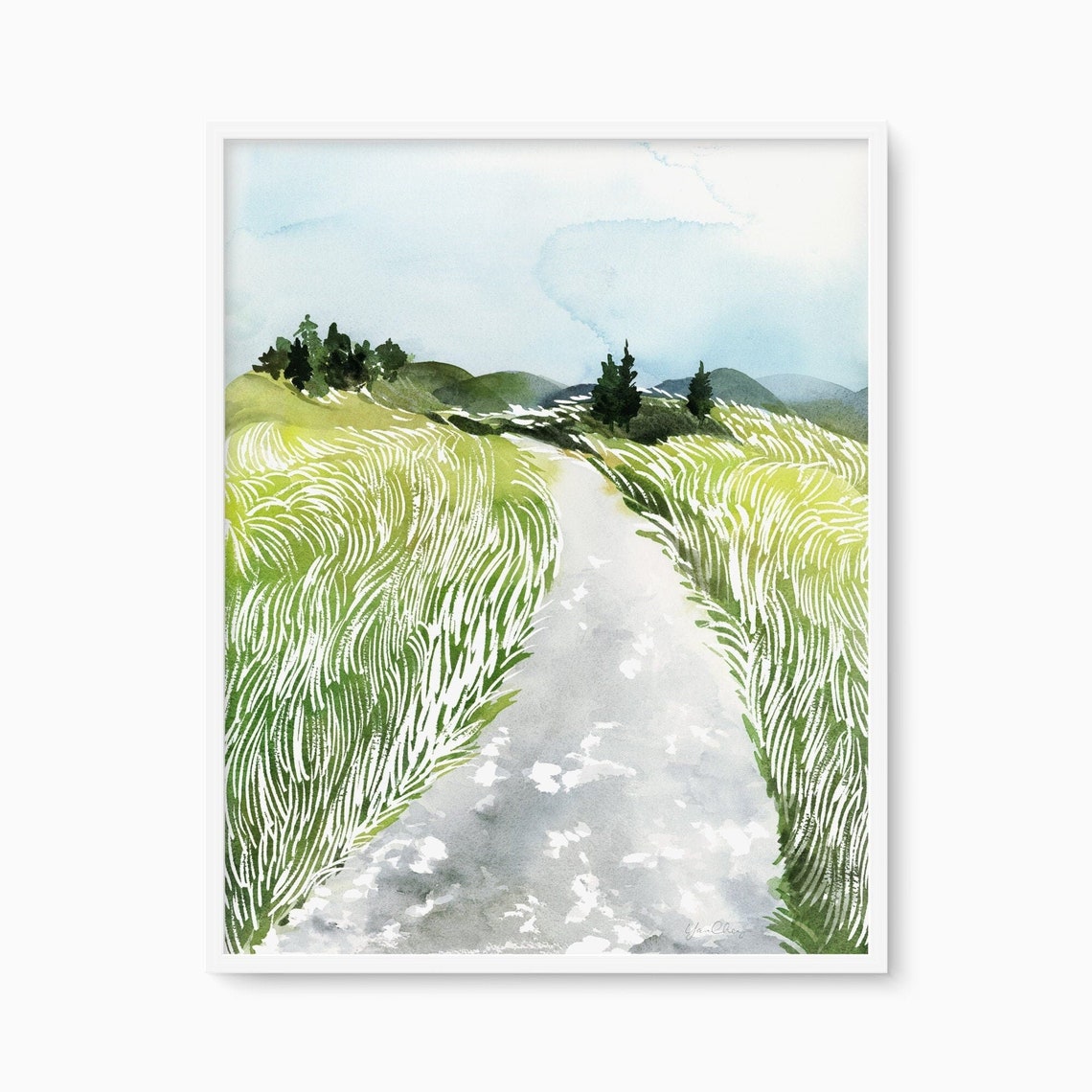 Serene Watercolor Path Through Green Meadow Hills Art Poster