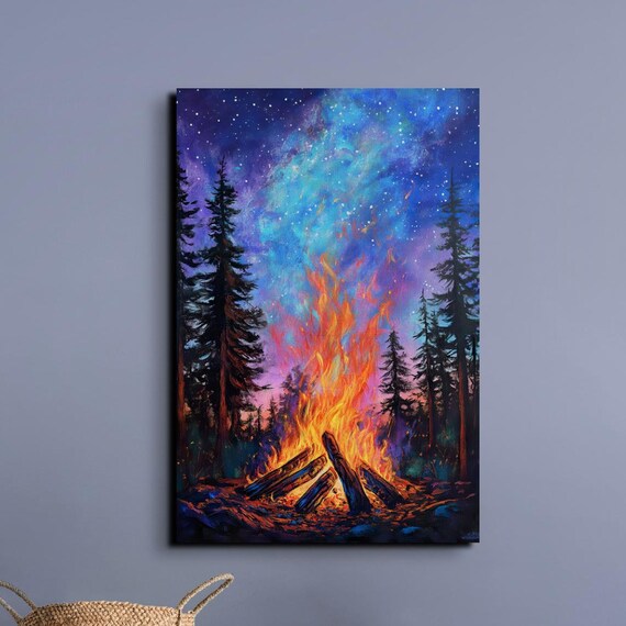 Blazing Campfire Starry Night Pine Forest Glow Warm Art Poster