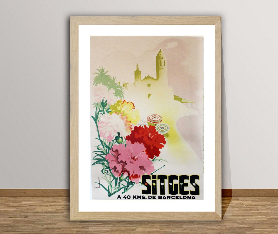 Sitges Barcelona Spain Vintage Floral Coast Church Travel Poster - Image 3
