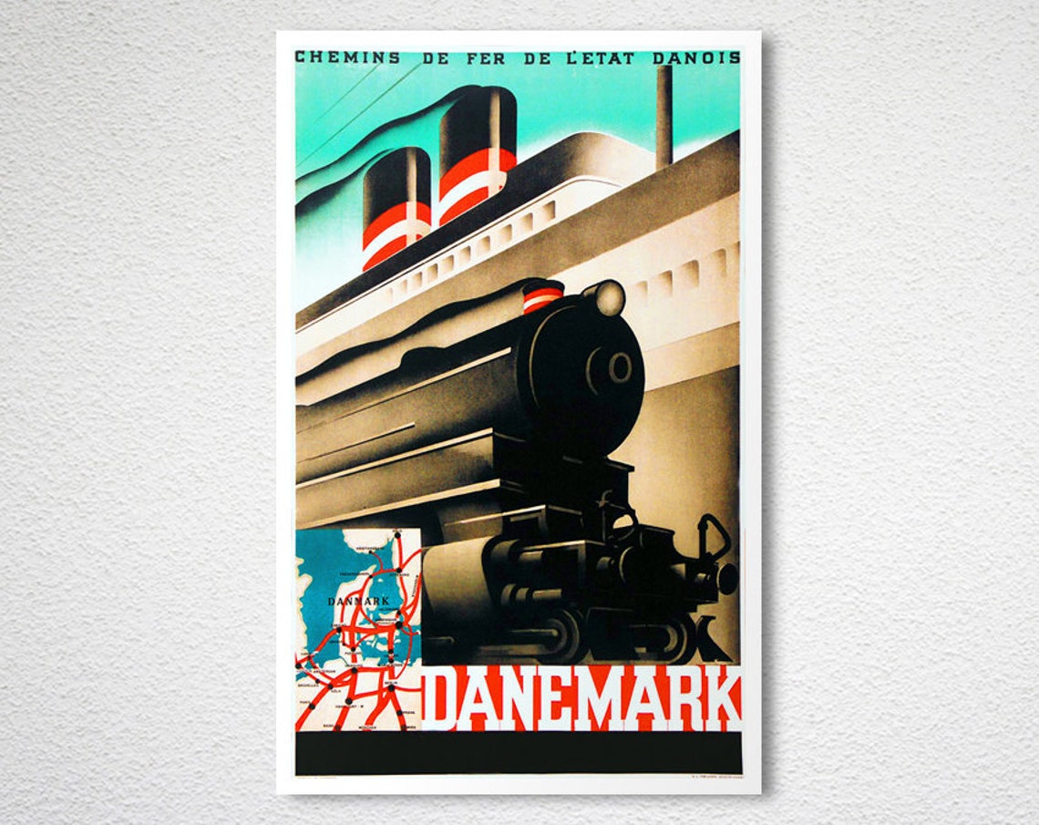 Danemark Danish State Railways Train Ship Vintage Travel Poster - Image 2
