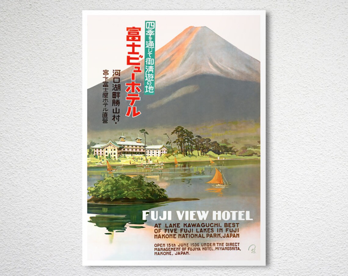 Fuji View Hotel Lake Kawaguchi Mt Fuji 1936 Vintage Travel Poster - Image 2