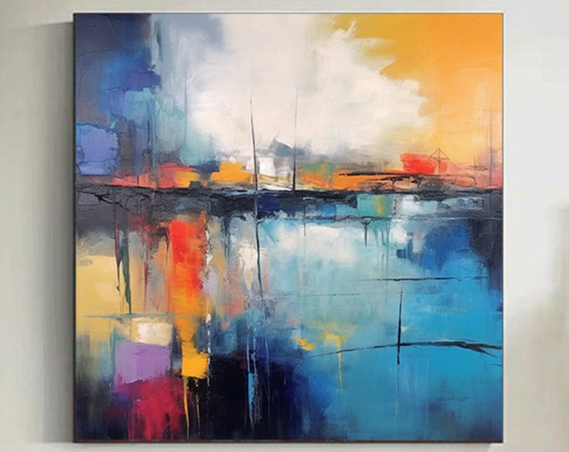 Abstract Harbor Reflection Painting In Blue Orange And Red Poster