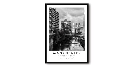 Manchester Cityscape Print, Black And White Minimalist
