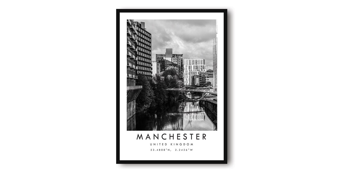 Manchester Cityscape Print, Black And White Minimalist